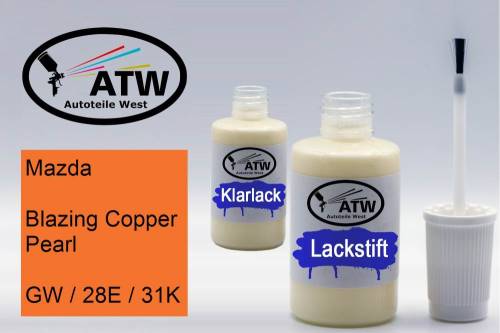 Mazda, Blazing Copper Pearl, GW / 28E / 31K: 20ml Lackstift + 20ml Klarlack - Set, von ATW Autoteile West.